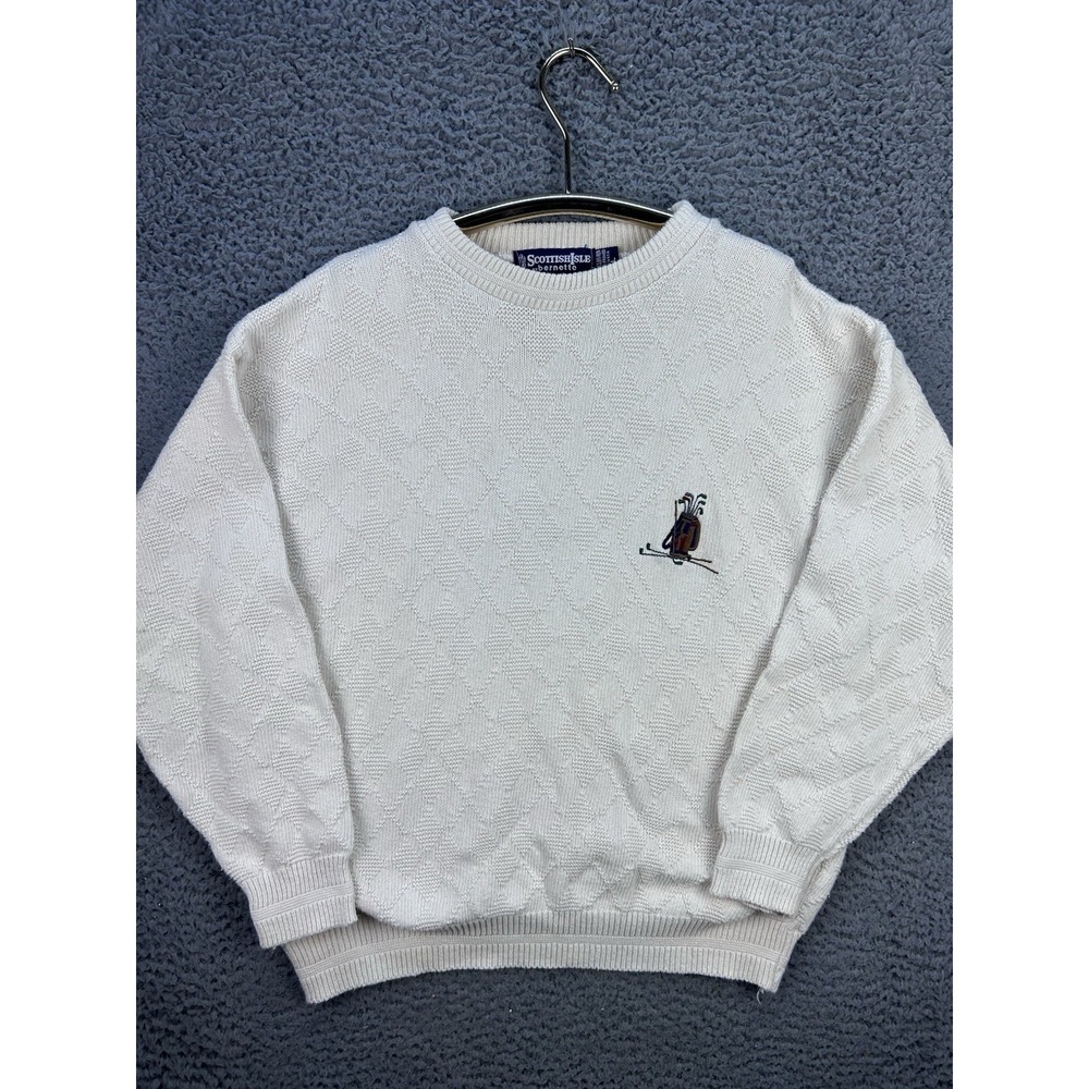 Vtg Scottish Isle Crewneck Cream Golf Bag Sweater Mens Large By Bernette 90s Y2K